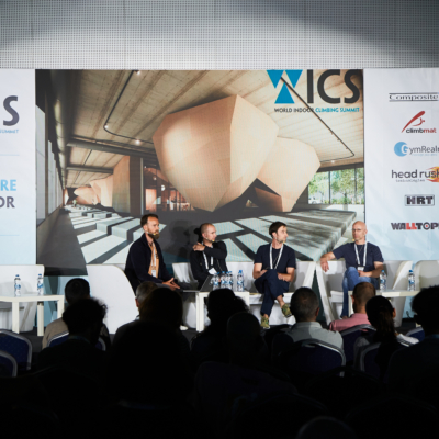WICS 2023 - Architectural Design of Climbing Gyms panel featuring Alessandro Usuelli, Vasil Sharlanov, Frank Bogerman, Jason Kehl, and Simon Brünner
