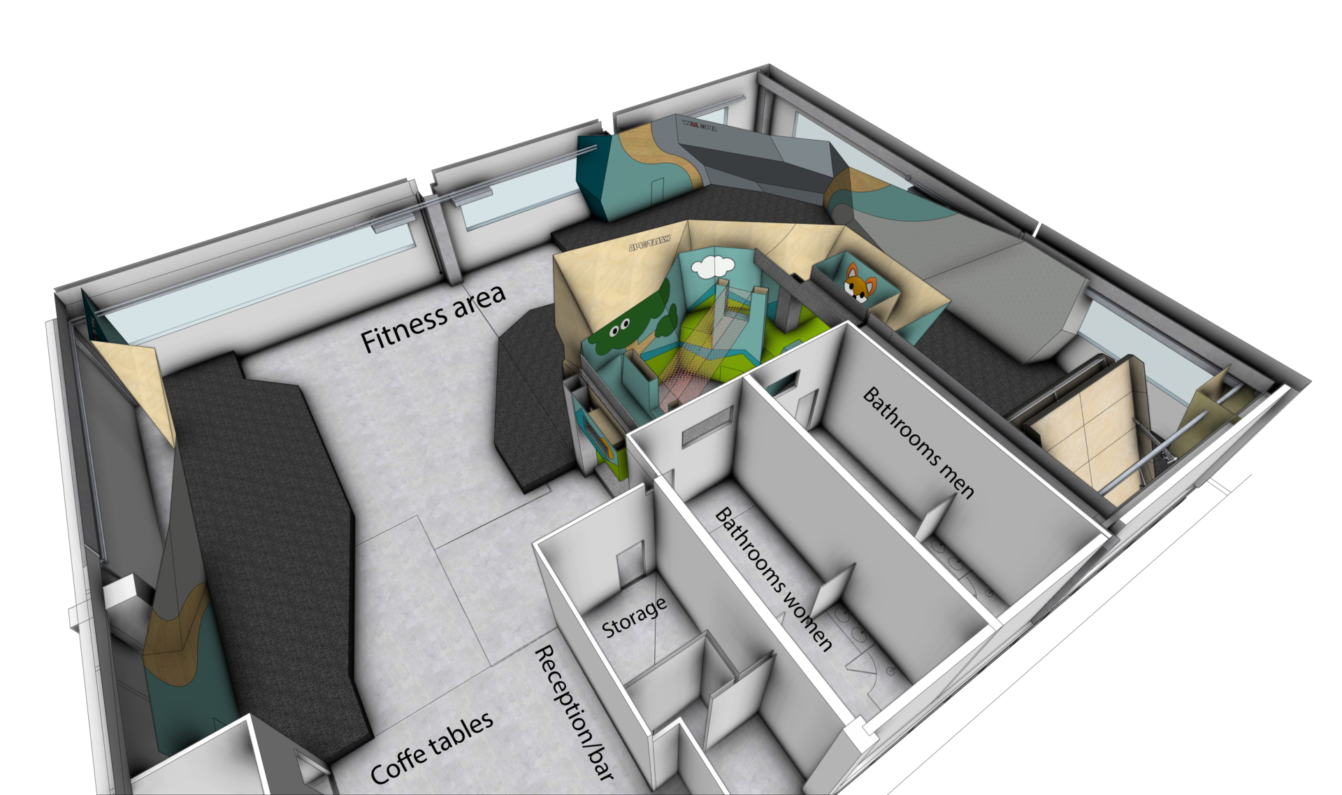 Arena Boulder Arco Perspective View Layout Climbing gym layout with zoning - Arena Boulder Arco - Italy